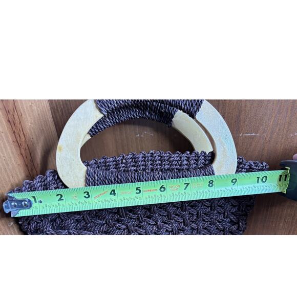 White Stag Straw Macrame Woven Handbag Dark Brown Wood Handles Boho 10" x 8" - Picture 10 of 12